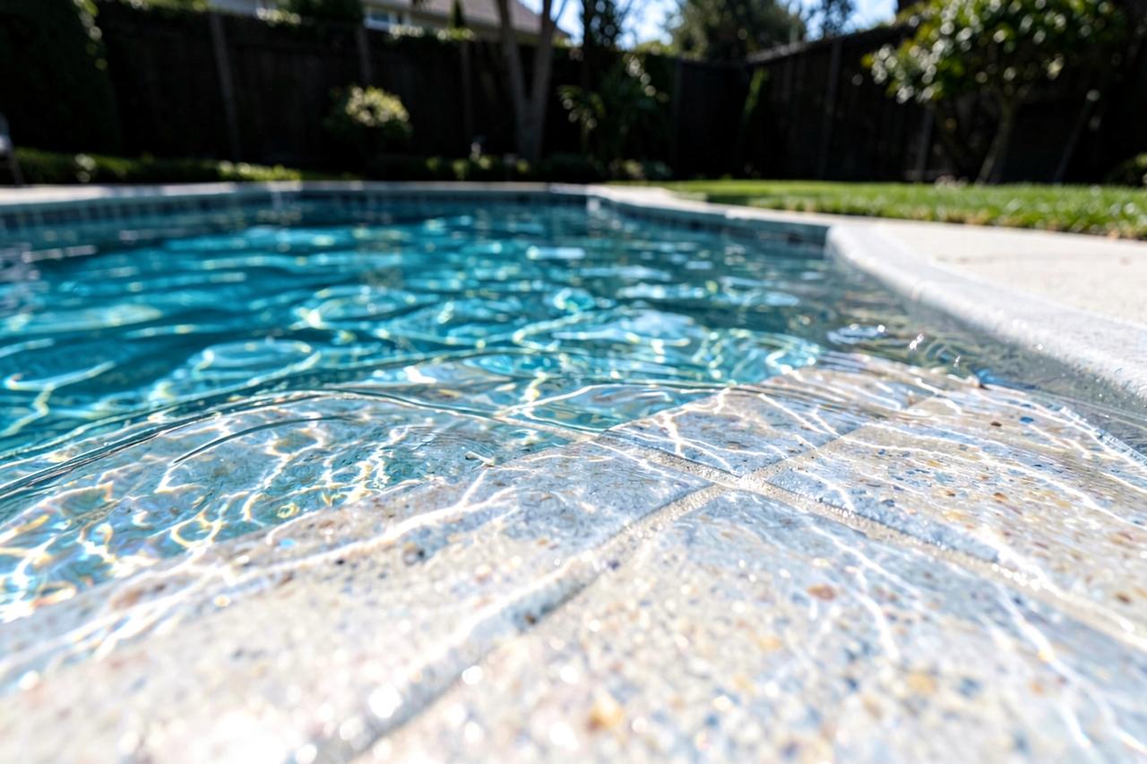 Clear pool water against a clean tiled waterline